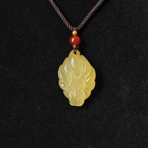 Hand-Carved Yellow Jade Nine-Tailed Fox Pendant Necklace Charm (32x22mm)